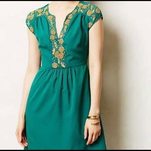 Anthropology Lie green dress with gold beading